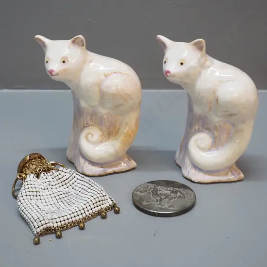Whiting & Davis USA expanding mesh purse, pair of china possum salt / peppers H-120 and a football medallion