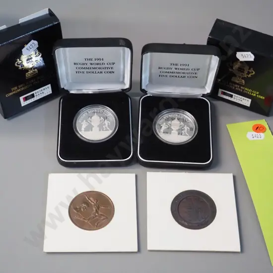2 1991 Rugby World Cup 5 dollar coins and 2 NZAA International Athletic Fund medallions - Yvette Williams & Peter Snell
