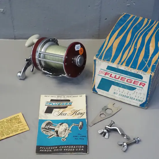 vintage Pflueger No. 2288M Sea King fishing reel in original box with booklet and accessories