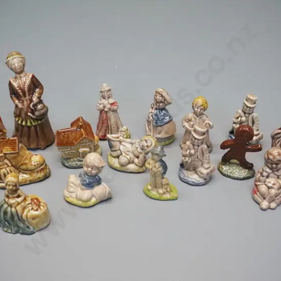 assorted whimsies, none with maker's marks - people, cottages, etc. - tallest is H-70