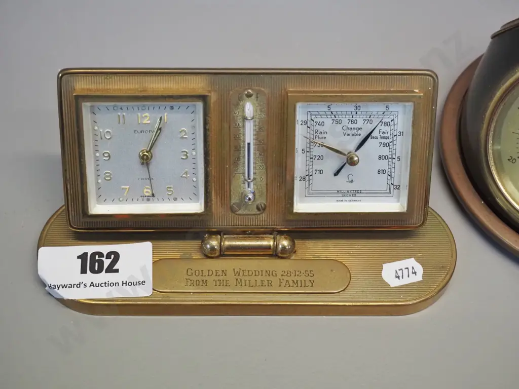 brass desktop items - rotating 3-dial barometer-thermometer and a clock/thermometer/barometer with 1955 engraving Image 1++