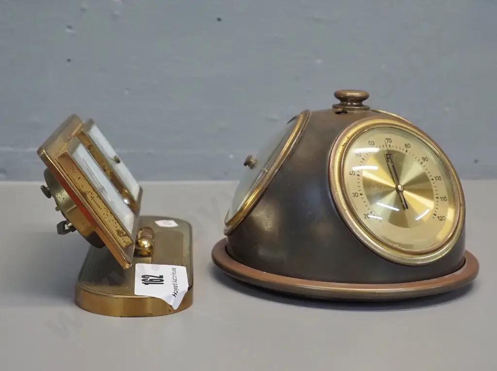 brass desktop items - rotating 3-dial barometer-thermometer and a clock/thermometer/barometer with 1955 engraving Image 1++