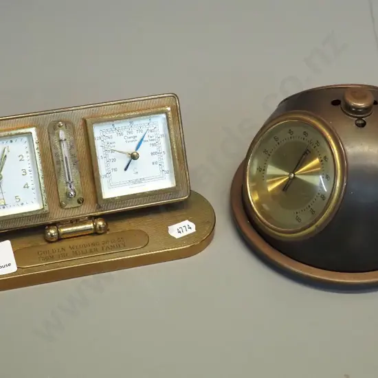 brass desktop items - rotating 3-dial barometer-thermometer and a clock/thermometer/barometer with 1955 engraving