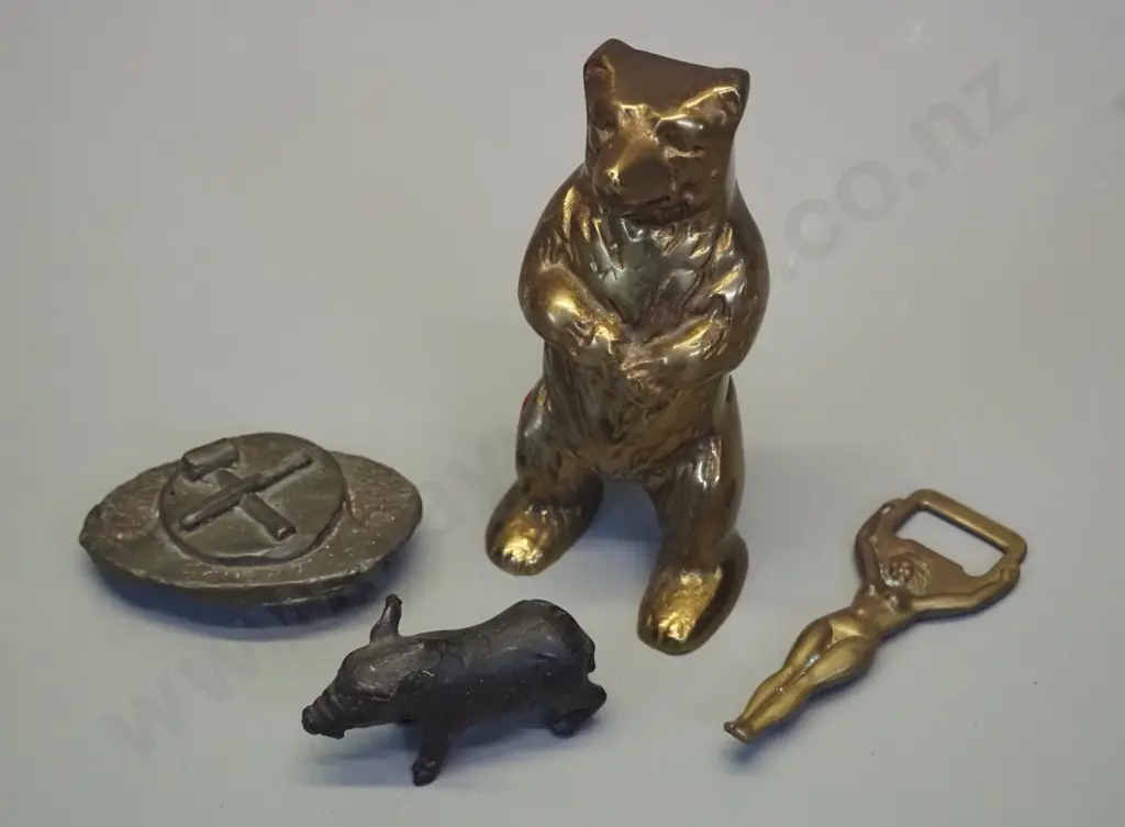 heavy solid cast brass standing bear figure H140, small bronze finish pig, belt buckle and brass bottle opener Image 1++