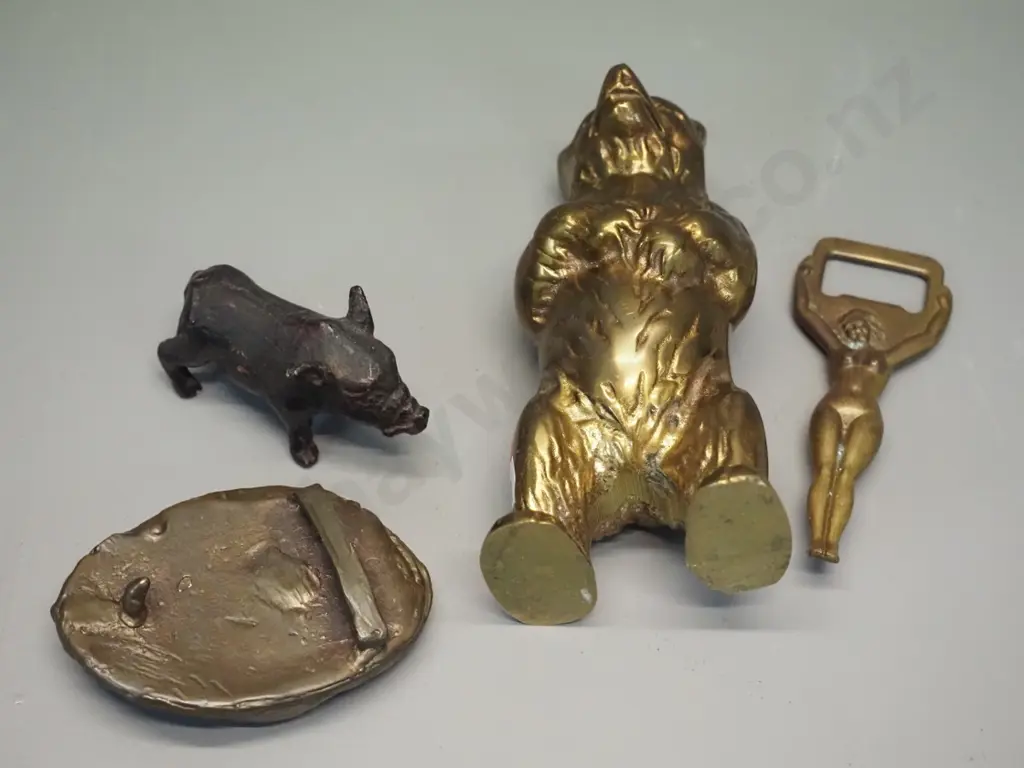 heavy solid cast brass standing bear figure H140, small bronze finish pig, belt buckle and brass bottle opener Image 1++