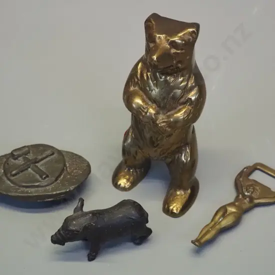 heavy solid cast brass standing bear figure H140, small bronze finish pig, belt buckle and brass bottle opener