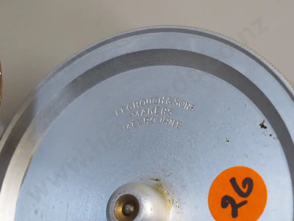2 fly fishing reels - larger aluminium one marked JT Crouch Sons Melbourne D90, smaller brass marked Prickman Exeter Image 1++