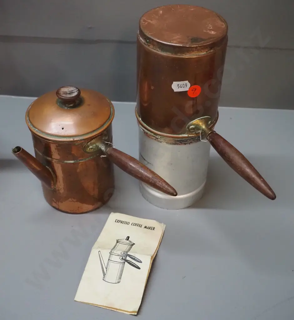 2 copper items with wooden handles - Agus Portugal stovetop espresso maker H-230 and kettle/teapot. Inner aluminium Image 1++