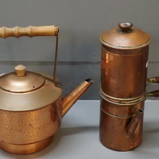 2 copper items with wooden handles - Agus Portugal stovetop espresso maker H-230 and kettle/teapot. Inner aluminium