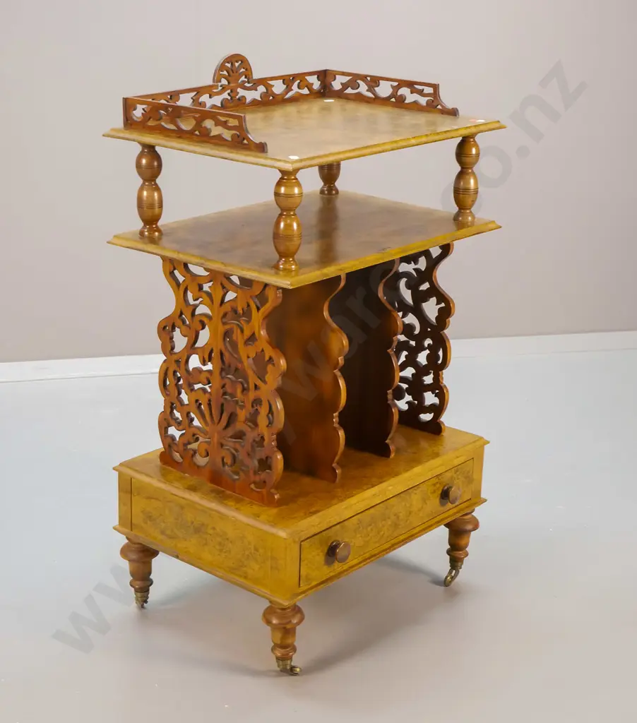 Victorian burr veneer Canterbury with 1 drawer, fretted detail, on metal casters - small chip to veneer, has had repair Image 1++