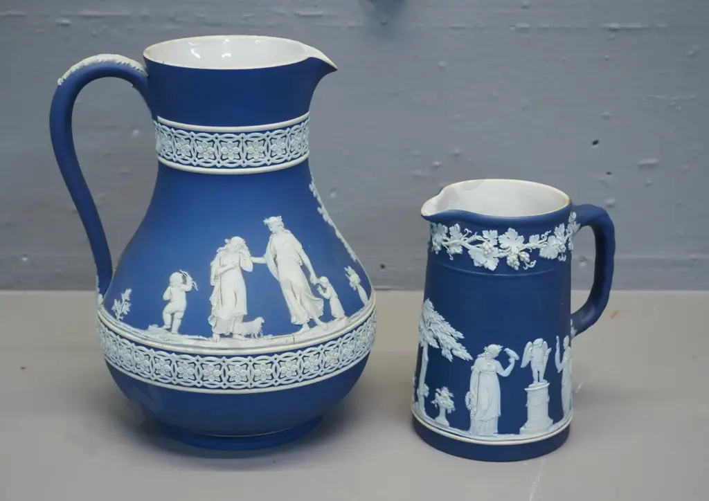 2  Wedgwood dark blue jasperware jugs - taller is H-180 Image 1++