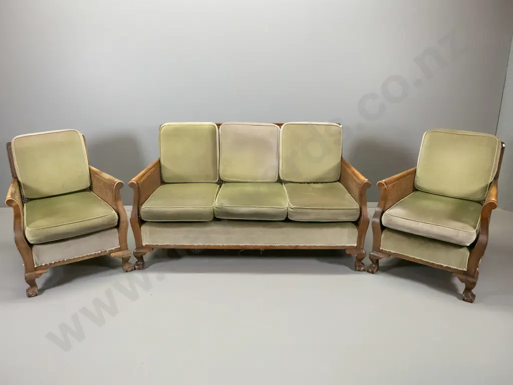 vintage mahogany bergere cane lounge suite w/carved ball & claw feet, some fading to velvet, uneven polish, some Image 1++