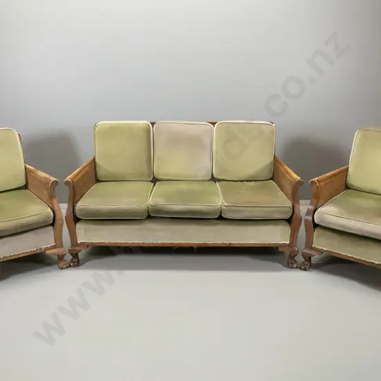 vintage mahogany bergere cane lounge suite w/carved ball & claw feet, some fading to velvet, uneven polish, some