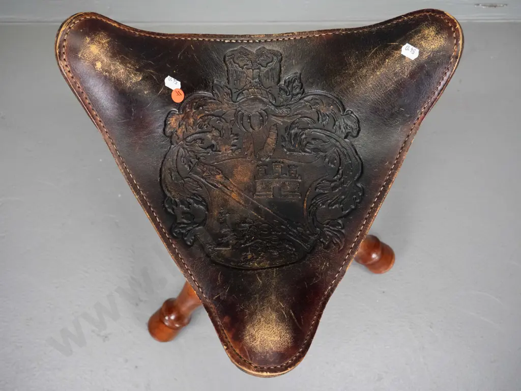 retro folding tripod stool with tooled leather seat - surface wear to leather polish H-510 W-390 Image 1++