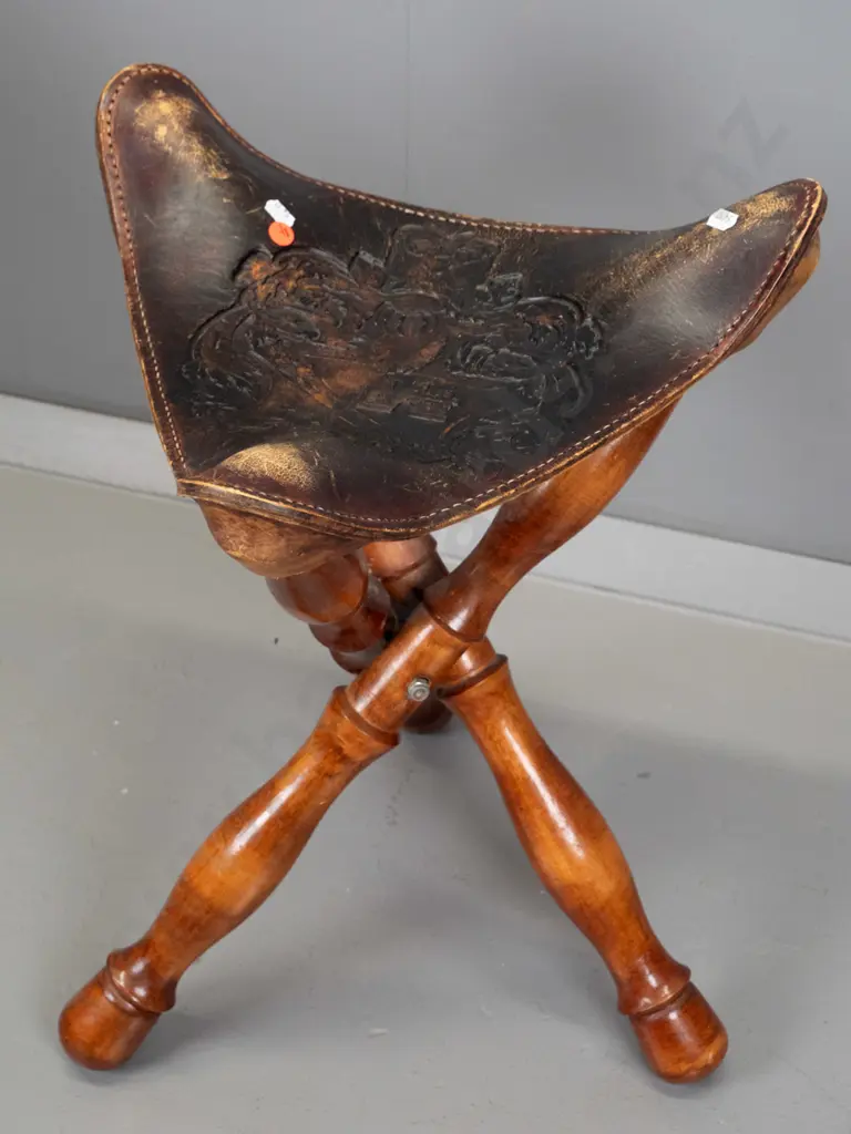 retro folding tripod stool with tooled leather seat - surface wear to leather polish H-510 W-390 Image 1++
