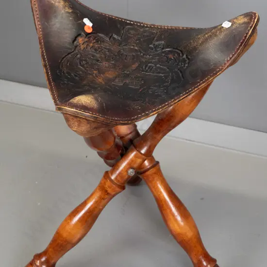 retro folding tripod stool with tooled leather seat - surface wear to leather polish H-510 W-390