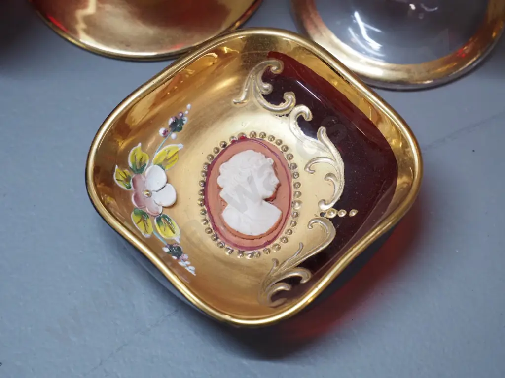 6 pieces of red Venetian glass - 3 footed vases, 2 small vases, and a pin dish with a cameo inset - tallest vase H-230 Image 1++