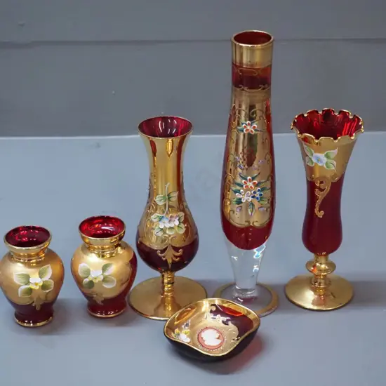 6 pieces of red Venetian glass - 3 footed vases, 2 small vases, and a pin dish with a cameo inset - tallest vase H-230