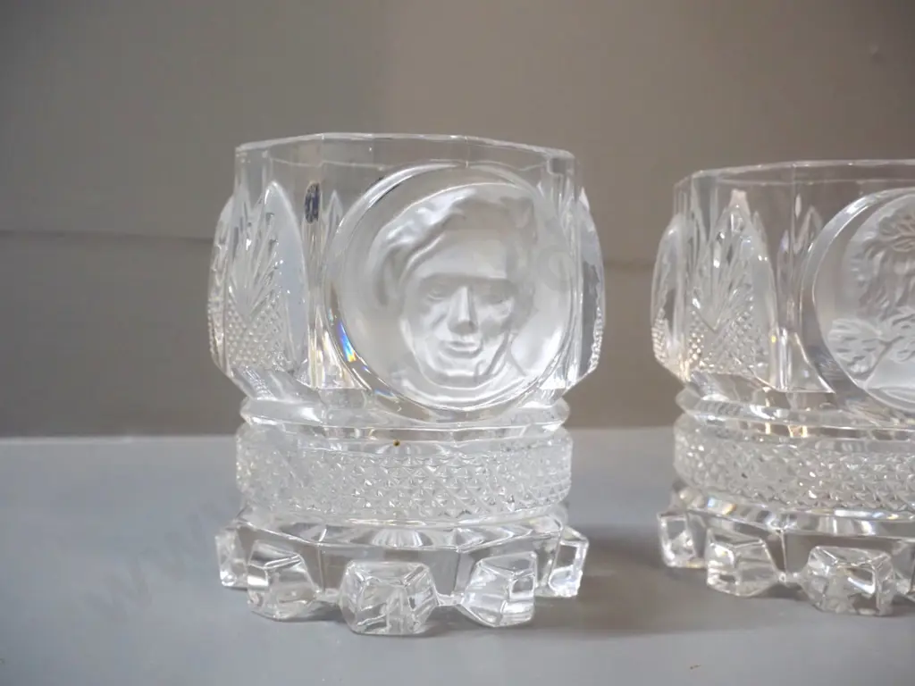 pair of Waterford crystal bud vases H-180 and 2 heavy vases or pots w/ etched & moulded faces, one marked Berlin Design Image 1++
