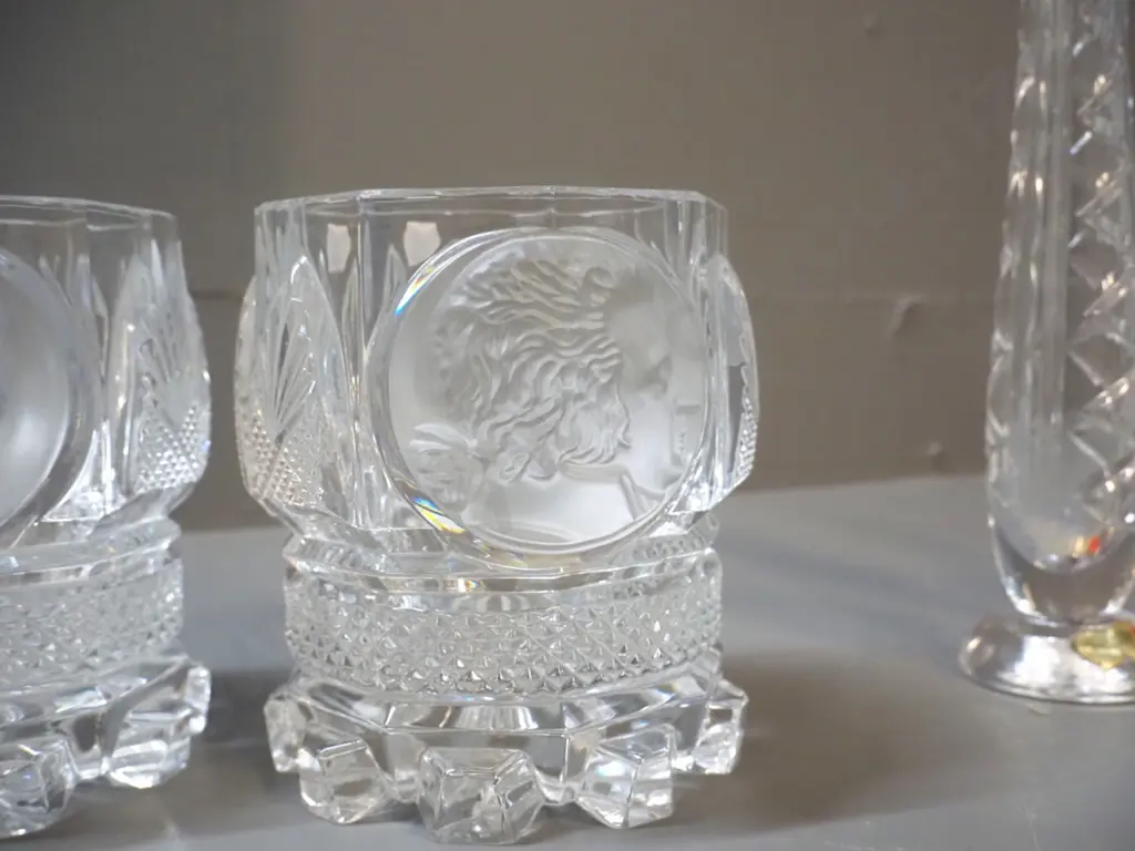 pair of Waterford crystal bud vases H-180 and 2 heavy vases or pots w/ etched & moulded faces, one marked Berlin Design Image 1++