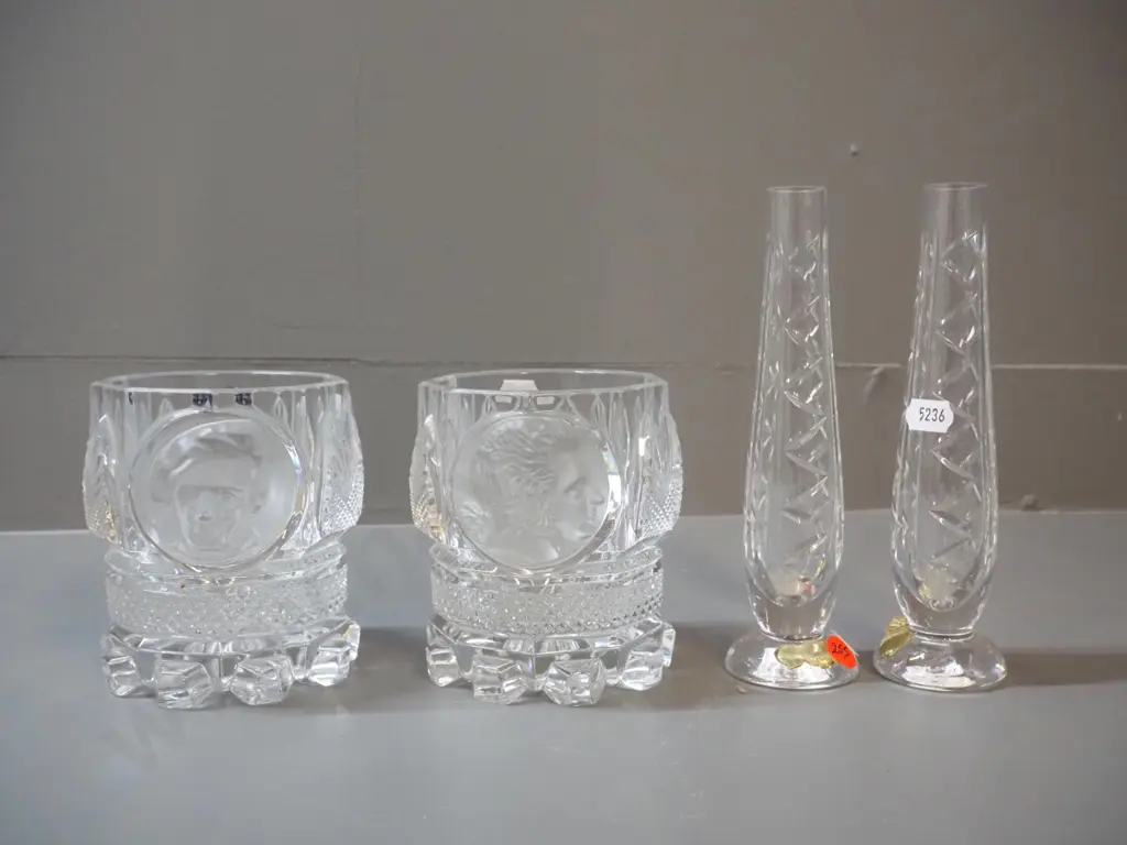 pair of Waterford crystal bud vases H-180 and 2 heavy vases or pots w/ etched & moulded faces, one marked Berlin Design Image 1++