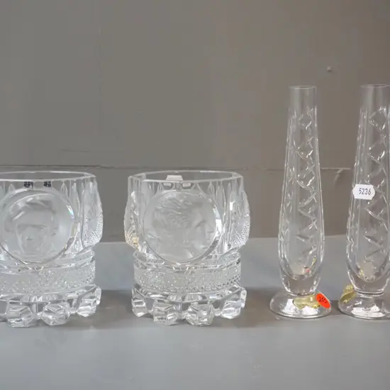 pair of Waterford crystal bud vases H-180 and 2 heavy vases or pots w/ etched & moulded faces, one marked Berlin Design