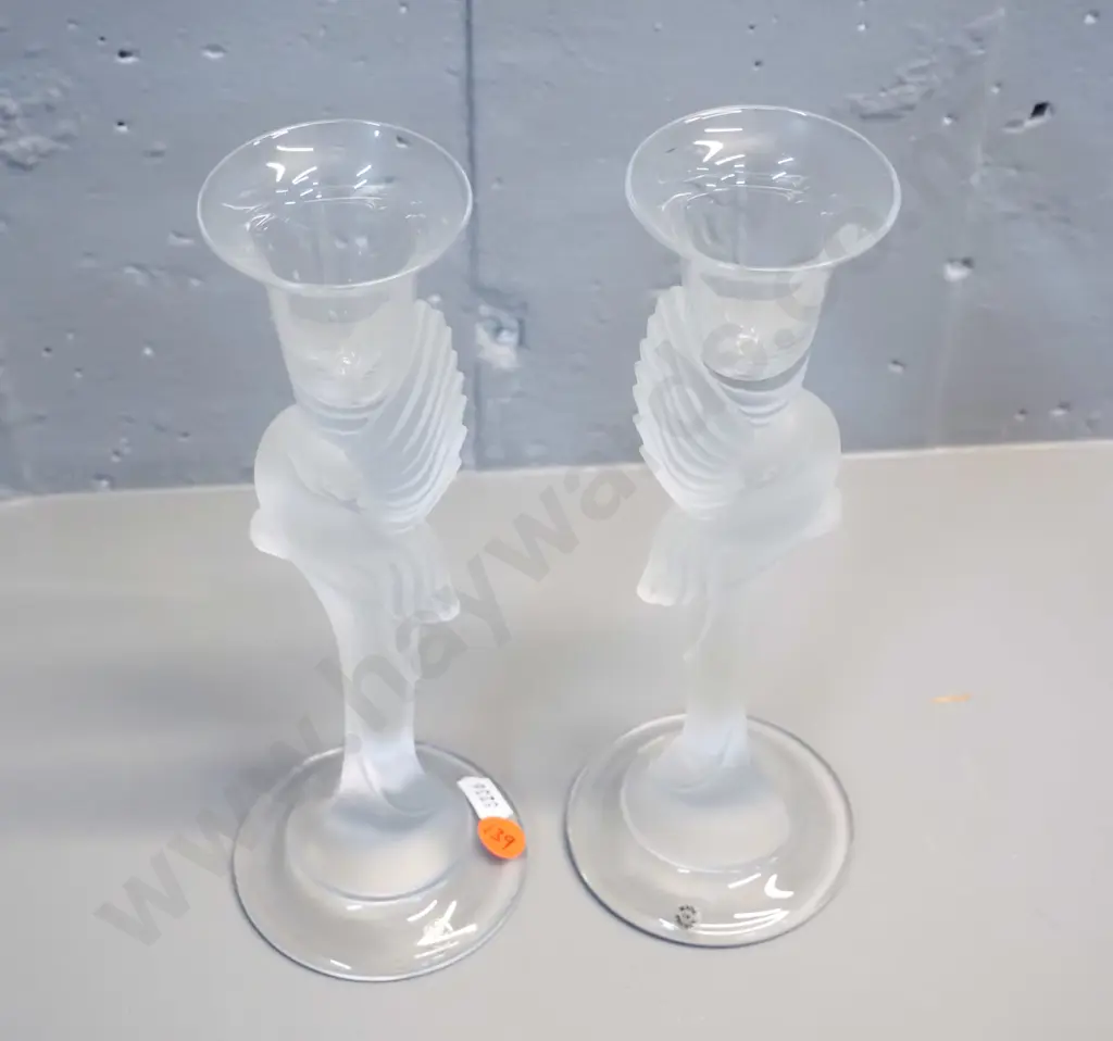 pair of frosted and clear glass dove motif candlesticks - etched Igor Carl Faberge FM 87 France on base H-225 Image 1++