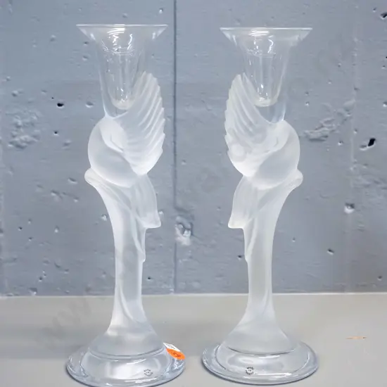 pair of frosted and clear glass dove motif candlesticks - etched Igor Carl Faberge FM 87 France on base H-225
