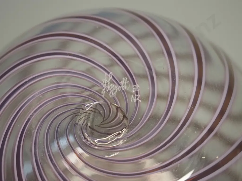 lavender swirl and clear art glass vase - unknown NZ maker etched on base H-200 Image 1++