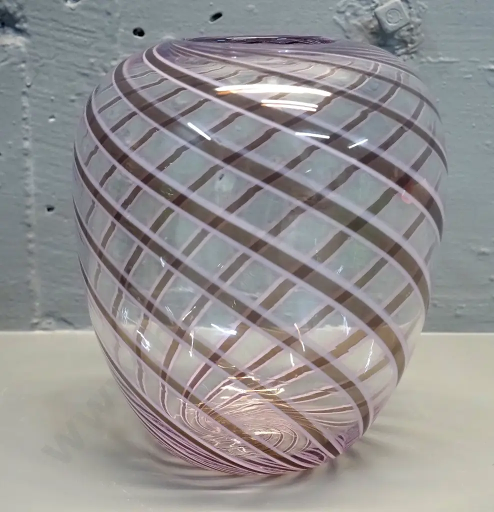 lavender swirl and clear art glass vase - unknown NZ maker etched on base H-200 Image 1++