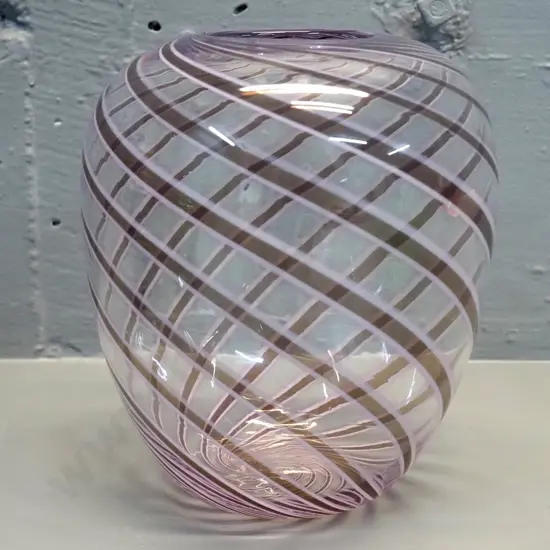 lavender swirl and clear art glass vase - unknown NZ maker etched on base H-200