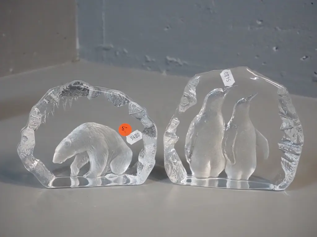 two moulded and frosted glass ornaments with relief backs - penguin and polar bear, both signed. Penguin H-140 W0150 Image 1++