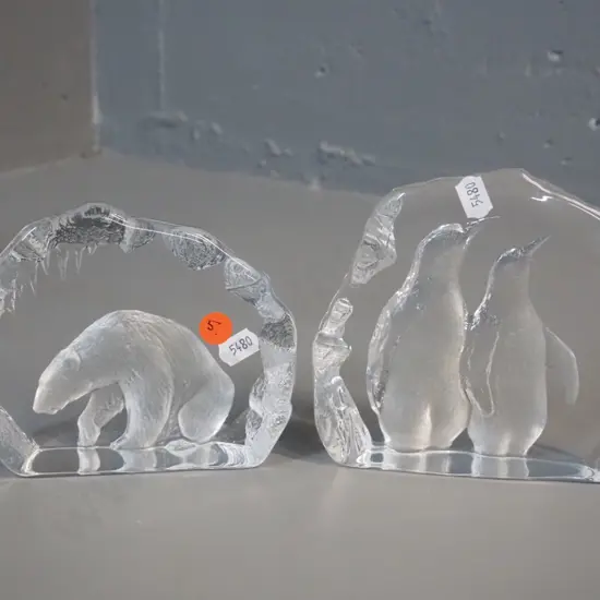 two moulded and frosted glass ornaments with relief backs - penguin and polar bear, both signed. Penguin H-140 W0150
