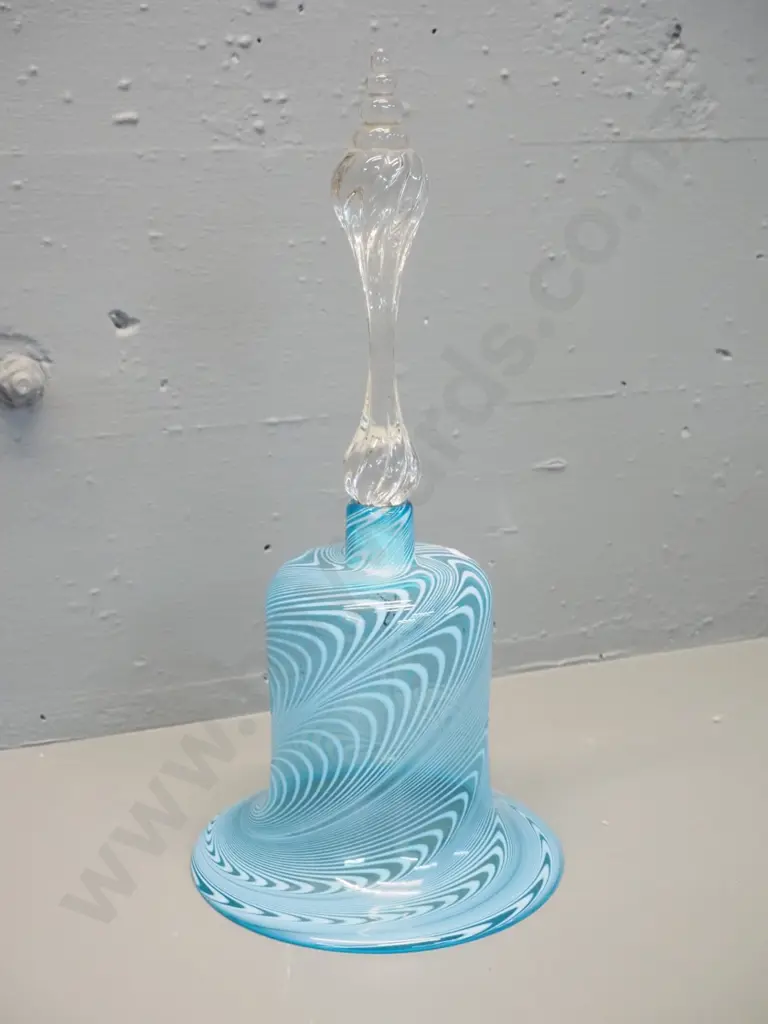 art glass swirled teal bell & clear handle H-350 D-180 at base Image 1++