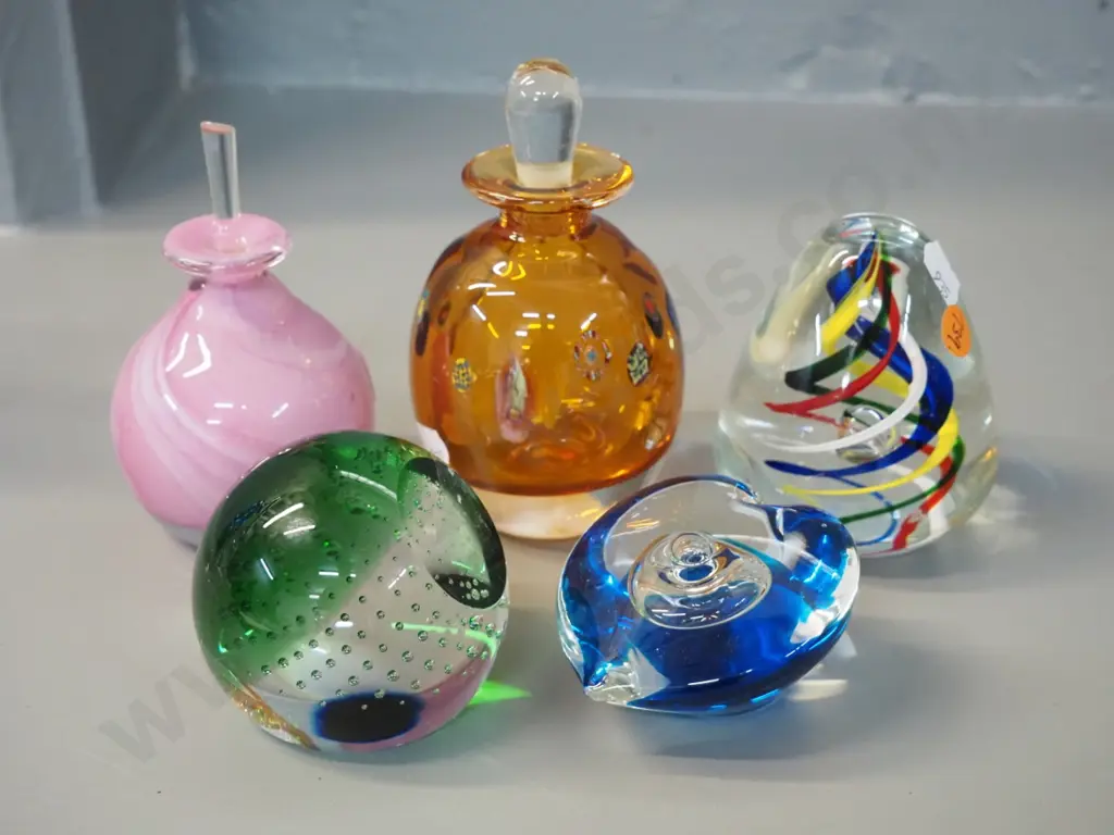 3 art glass paperweights and 2 stoppered scent bottles - orange millefiore style is by Peter Viesnik '98 H-135. Blue Image 1++