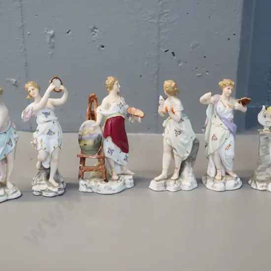 6 early German (Dresden?) classical style figurines, all but one with repairs or faults, tallest is H-125