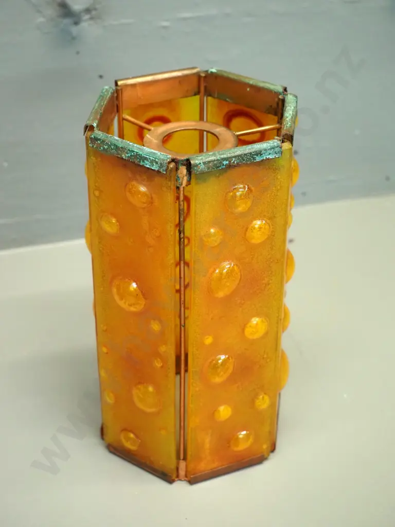 mid-century hexagonal orange dimpled glass lamp shade with copper frame - some verdigris H-210 W-100 Image 1++