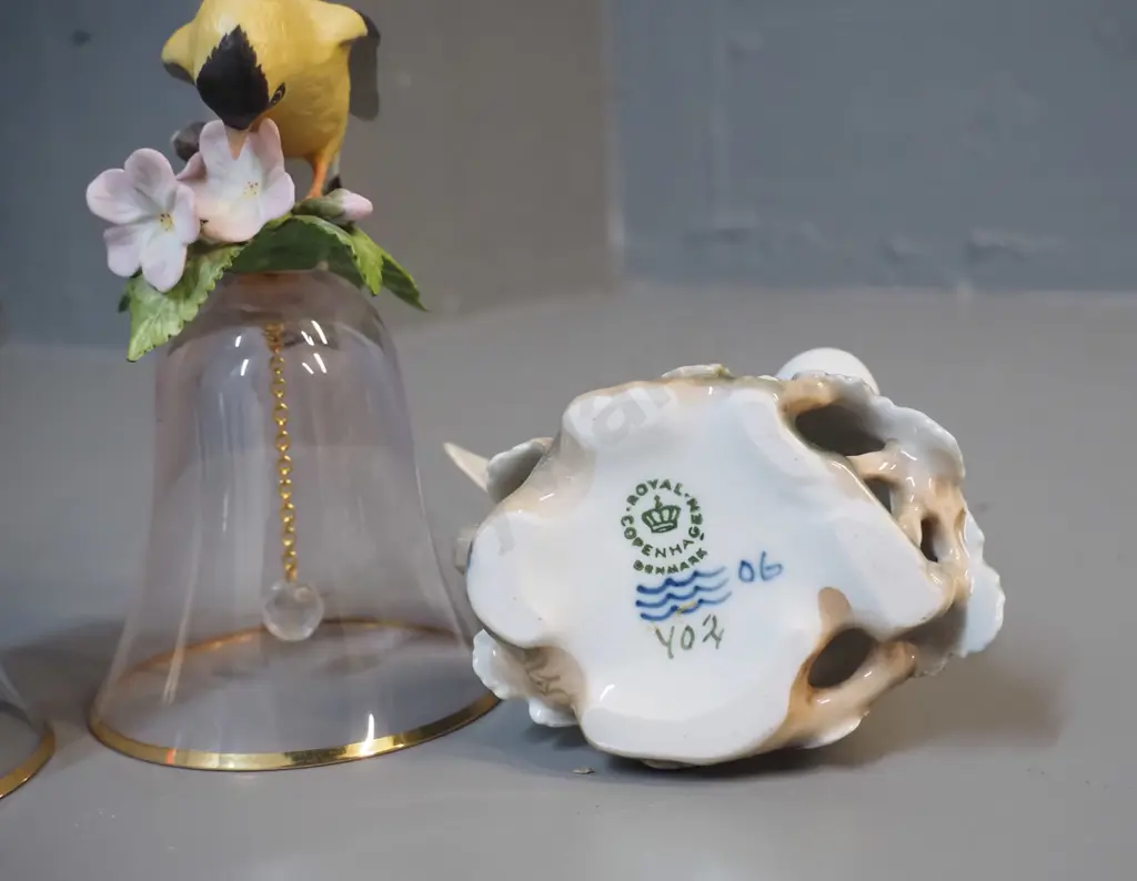 2 Japanese glass bells with china bird and flower figure handles and a Royal Copenhagen dove figure H-150 Image 1++