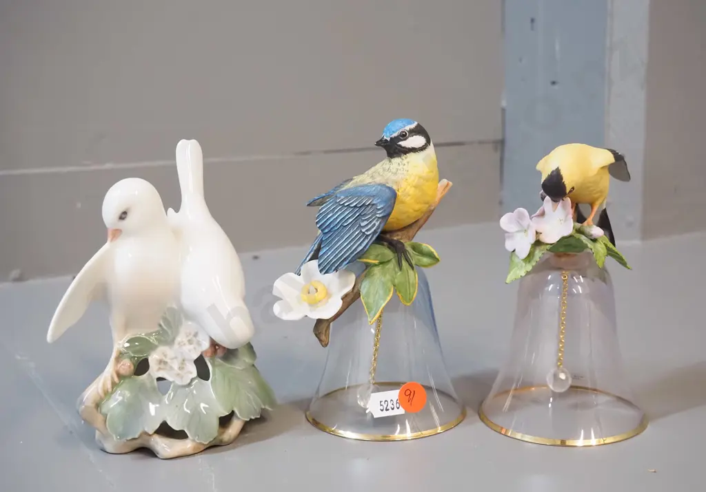 2 Japanese glass bells with china bird and flower figure handles and a Royal Copenhagen dove figure H-150 Image 1++