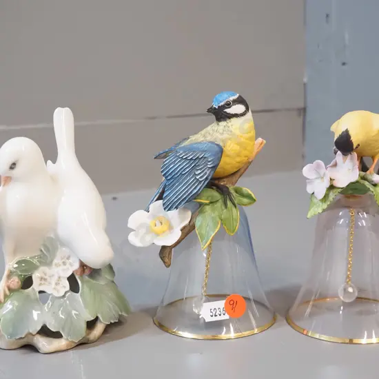 2 Japanese glass bells with china bird and flower figure handles and a Royal Copenhagen dove figure H-150