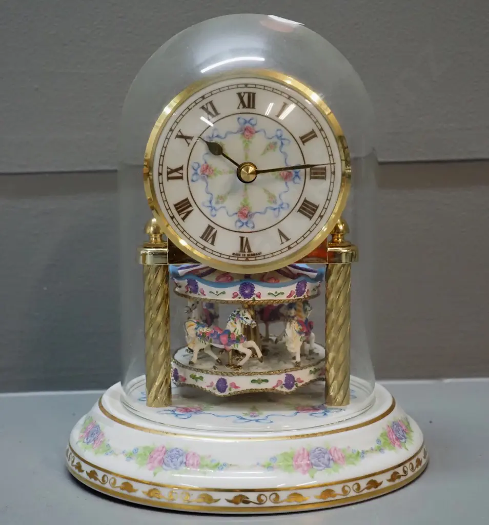 floral motif porcelain and plastic anniversary clock with glass dome, quartz movement H180 D140 Image 1++