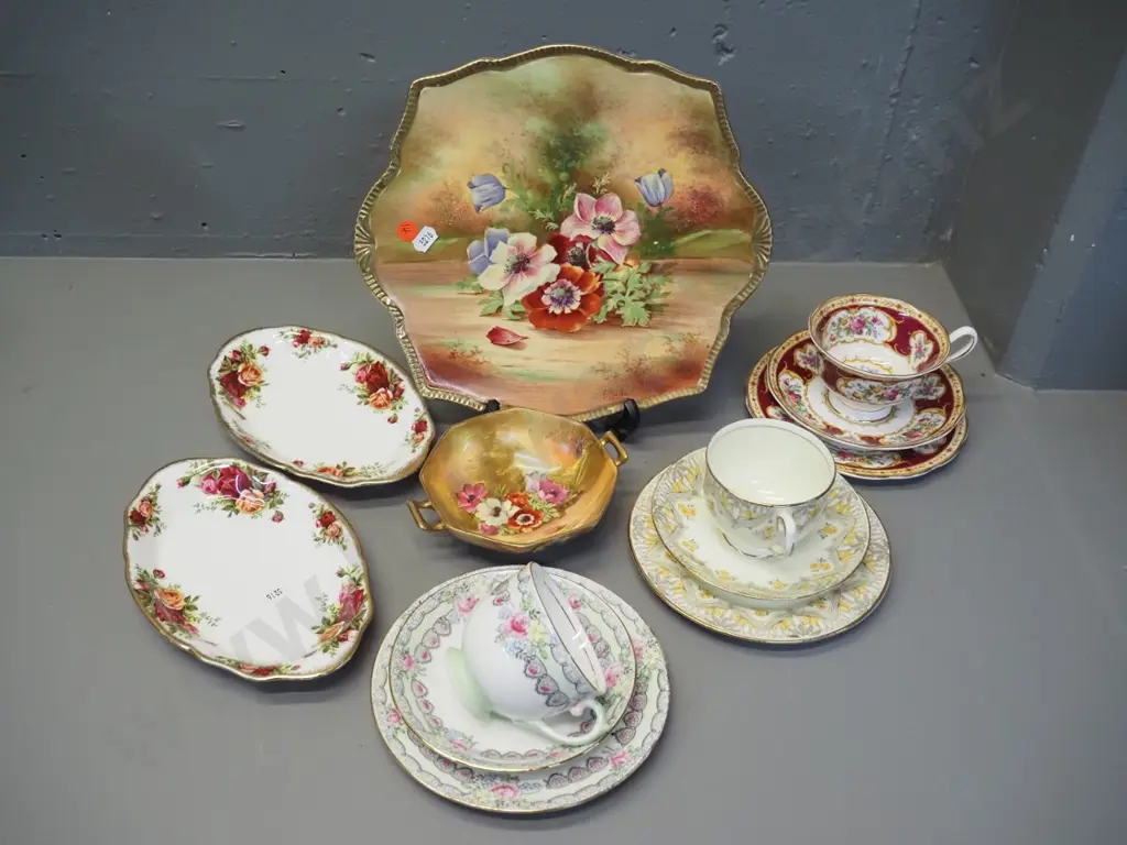 Royal Winton Anemone plate signed B. Austin & small dish with repair, 3 trios including Royal Albert Lady Hamilton. and Image 1++