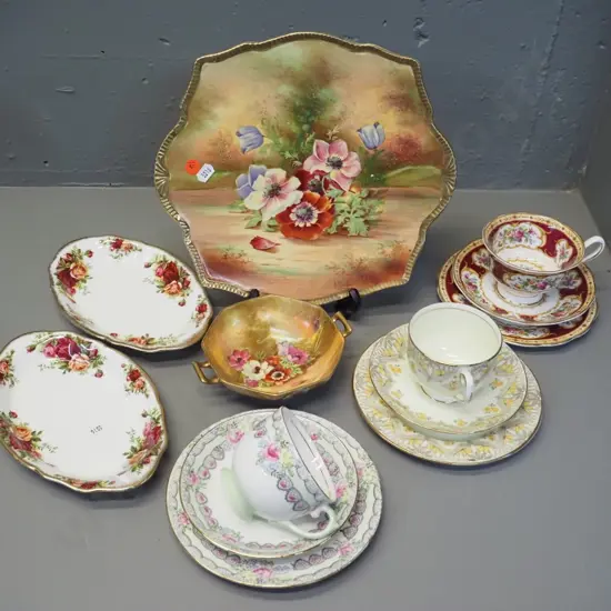 Royal Winton Anemone plate signed B. Austin & small dish with repair, 3 trios including Royal Albert Lady Hamilton. and