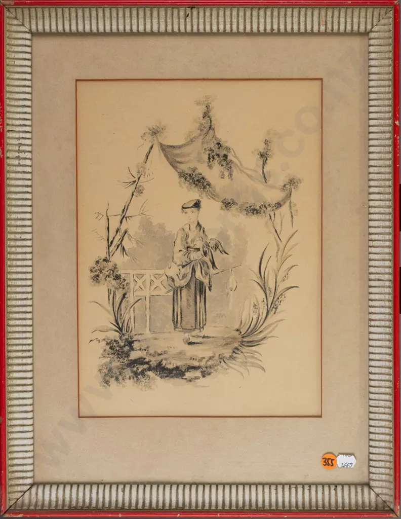 framed Asian print, portrait H-300 W-210 (frame needs attention) Image 1++