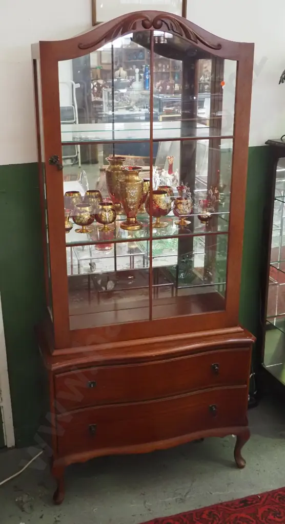 reproduction mahogany tall china cabinet with 1 door w/astragals, 2 drawers, 2 glass adjustable Image 1++