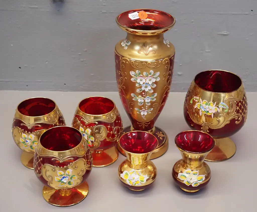 7 pieces of red Venetian glass - 4 small goblets (3 are matching) 3 vases - tallest vase is H-230 Image 1++