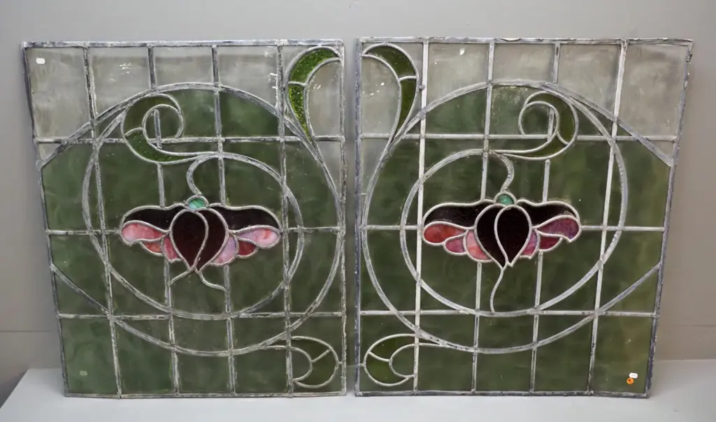 2 large vintage leadlight window panels with floral motif - clear, green, red and pink H-800 W-650 Image 1++