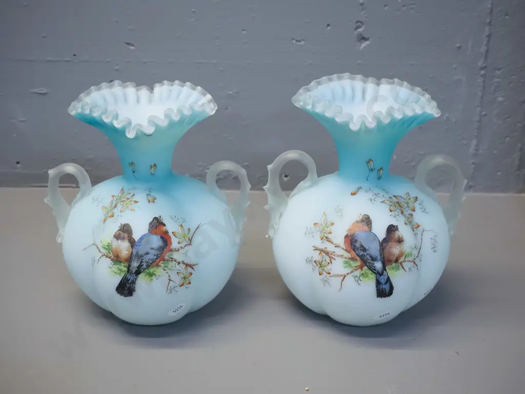pair of frosted blue glass handled vases with frilled rims and bird motif decoration H-200 W-180 Image 1++