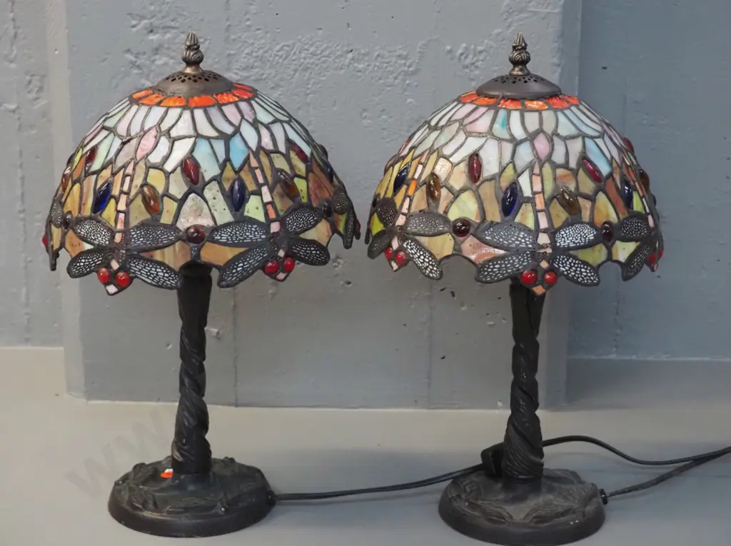 pair of reproduction Tiffany style dragonfly motif table lamps - some paint wear on cast metal bases. H-420 Image 1++
