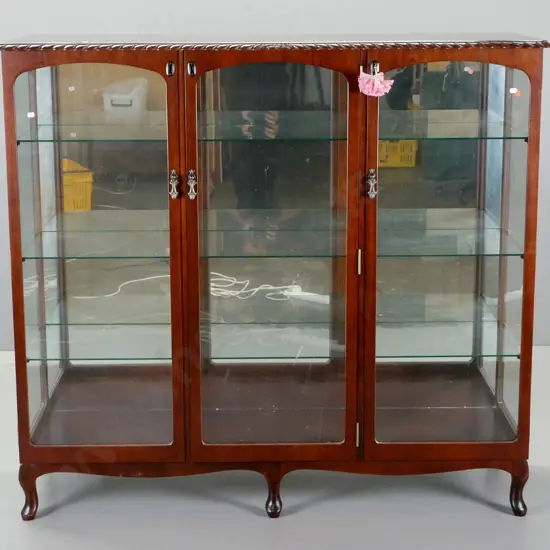 reproduction mahogany cab-leg tall china cabinet - 3 doors, mirrored back, 3 adjustable glass shelves, locks & key,
